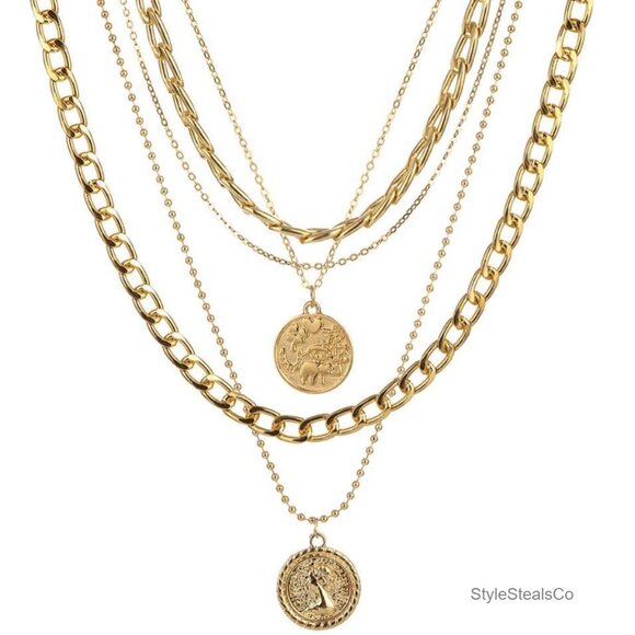 Layered Retro Coin Pendant Choker Necklace Adjustable Chain Zinc Alloy - Picture 7 of 7